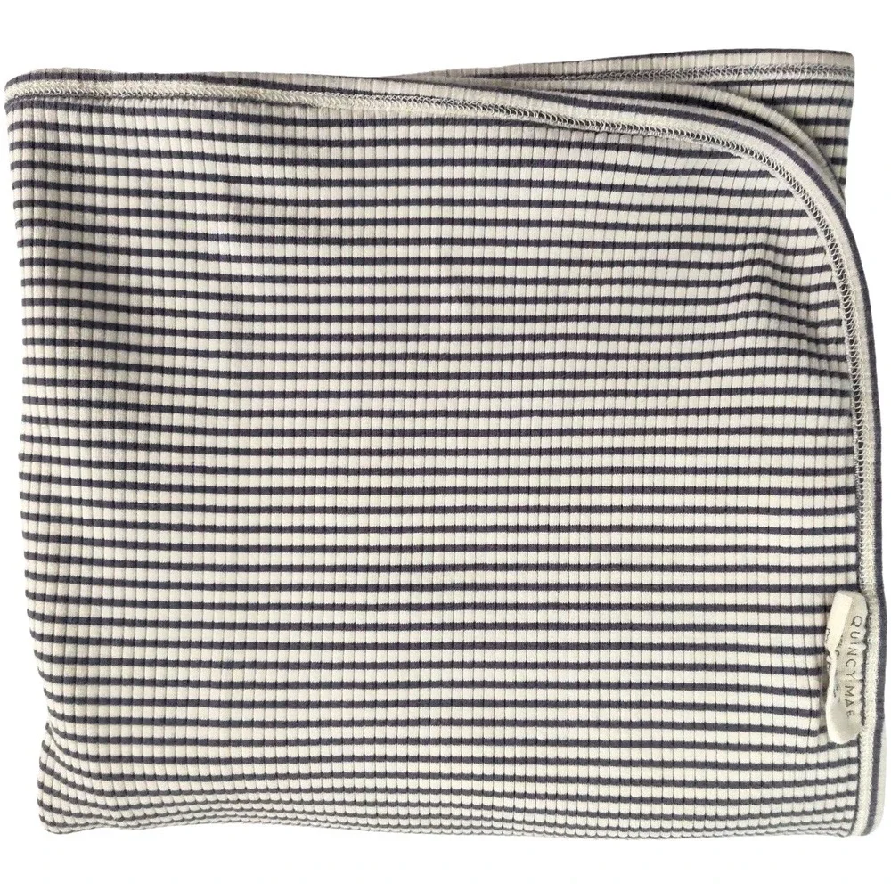 Quincy Mae Ribbed Stripe Organic Baby Blanket Gray Beige Swaddle 2ply Cotton